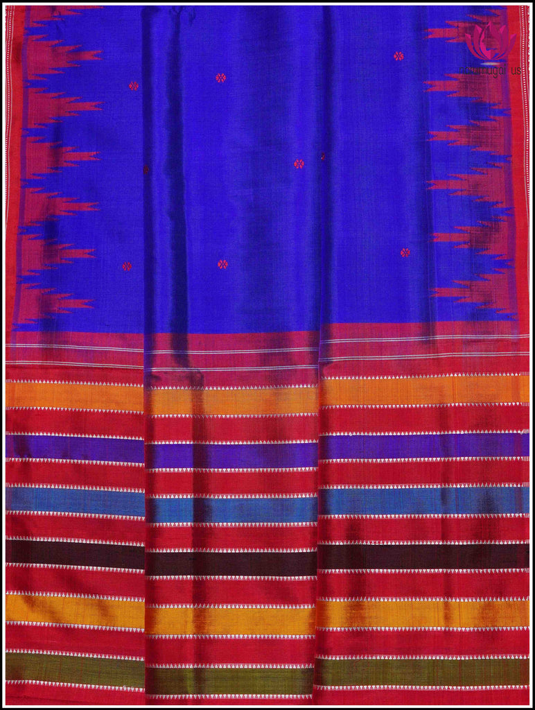 Berhampuri double pallu ( Double anchal) pure silk saree in Blue and Red 2