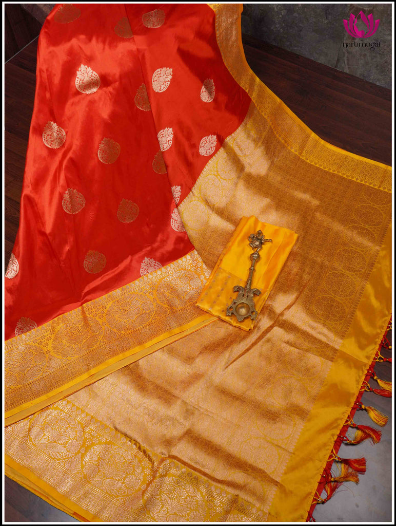 Banarasi Katan Silk Saree in Red and Yellow 3