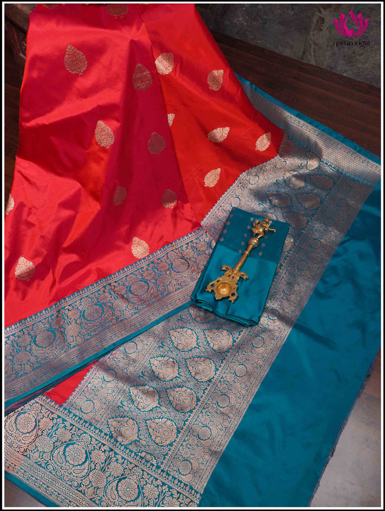 Banarasi Katan Silk Saree in Red and Peacock Blue 8