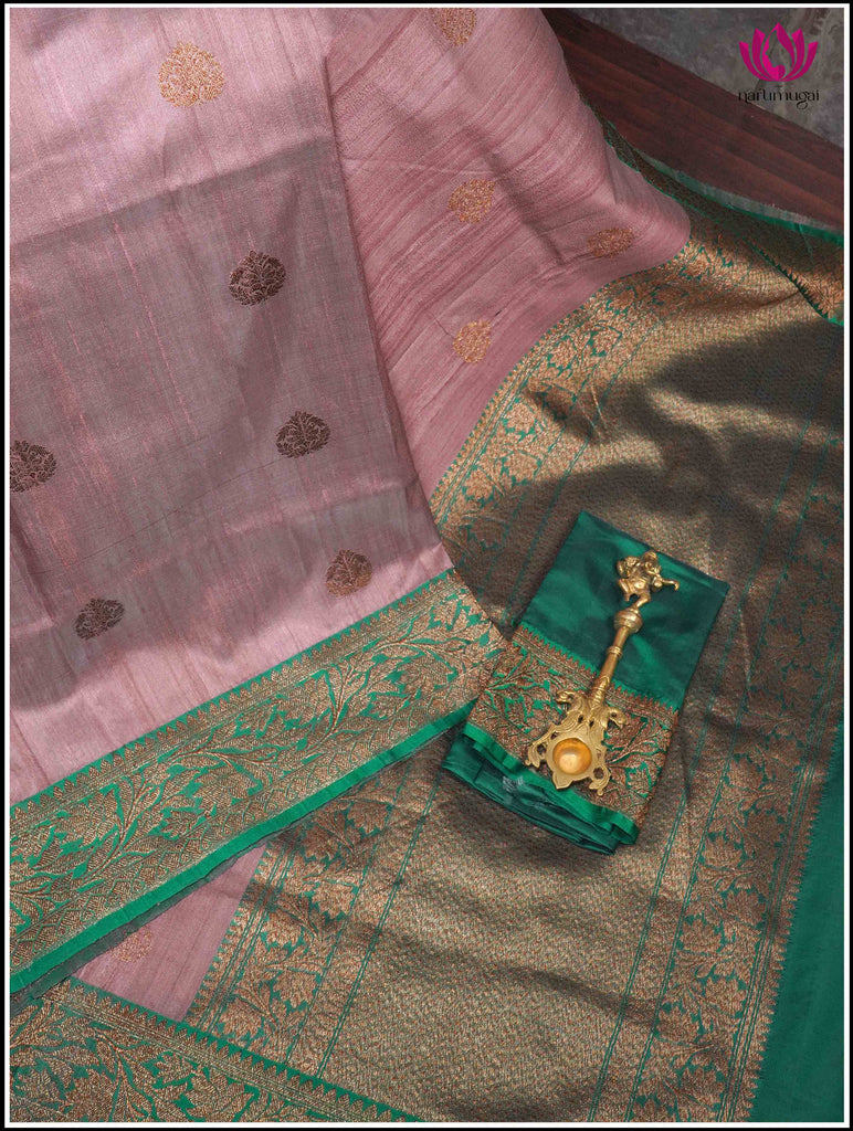 Banarasi Tussar Silk Saree in Lotus Pink and Green 10