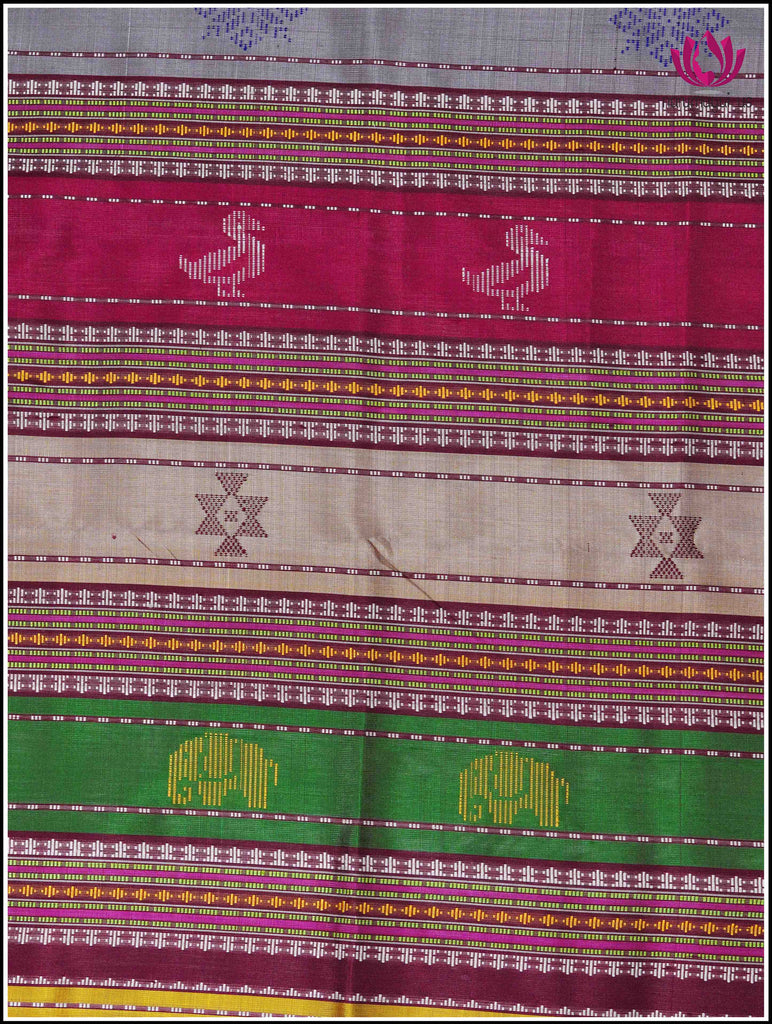 Berhampuri double pallu pure silk saree in Grey with Maroon border and vibrant pallu 6