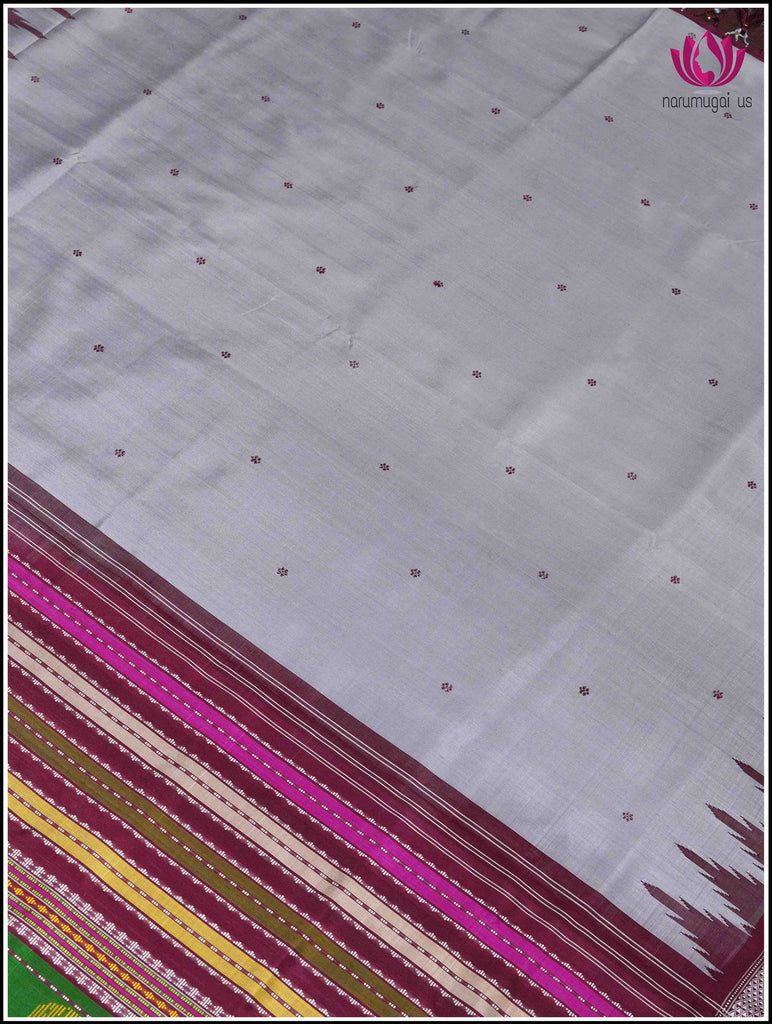 Berhampuri double pallu pure silk saree in Grey with Maroon border and vibrant pallu 5