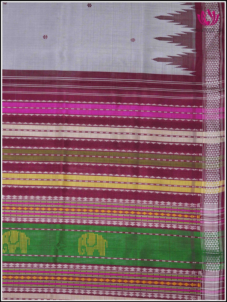 Berhampuri double pallu pure silk saree in Grey with Maroon border and vibrant pallu 4