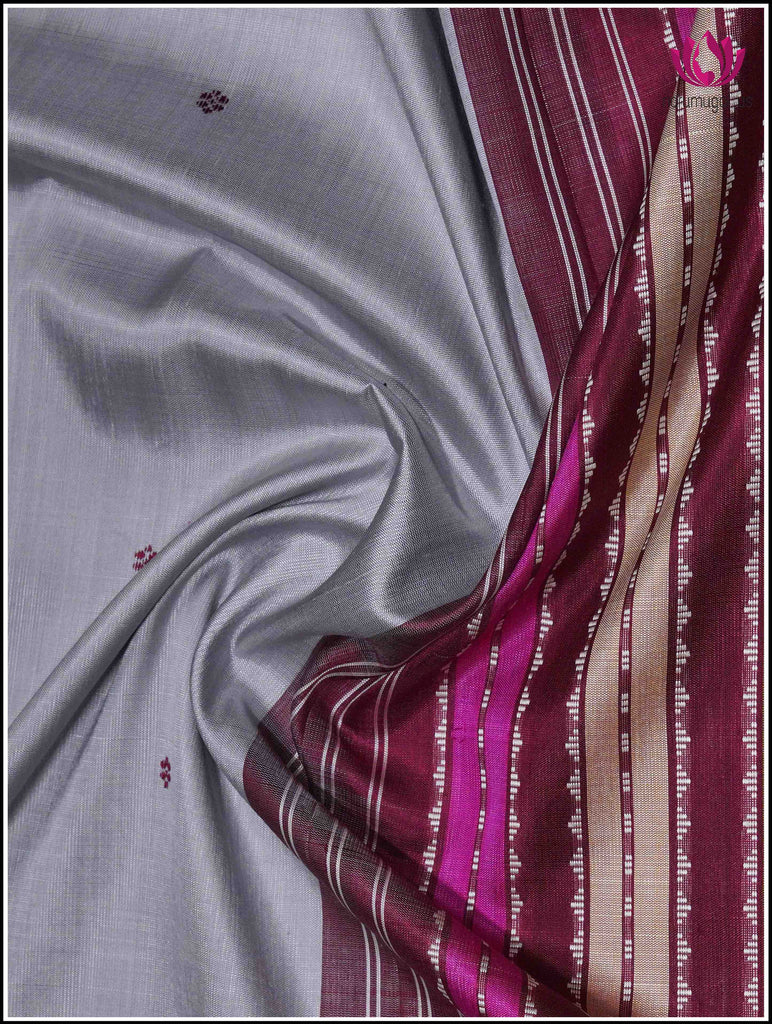 Berhampuri double pallu pure silk saree in Grey with Maroon border and vibrant pallu 3