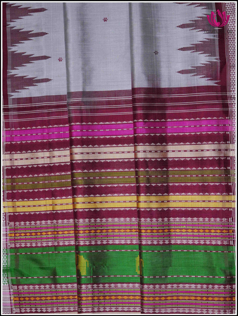 Berhampuri double pallu pure silk saree in Grey with Maroon border and vibrant pallu 2