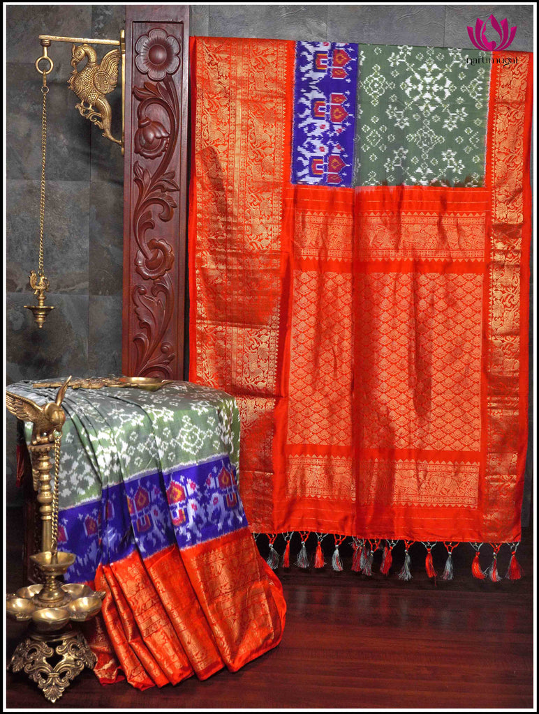 Ikkat Kanchipuram Silk Saree in Green and Red 11