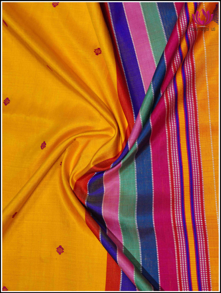 Berhampuri Double pallu (Double anchal) pure silk saree in Yellow with a Vibrant pallu 2