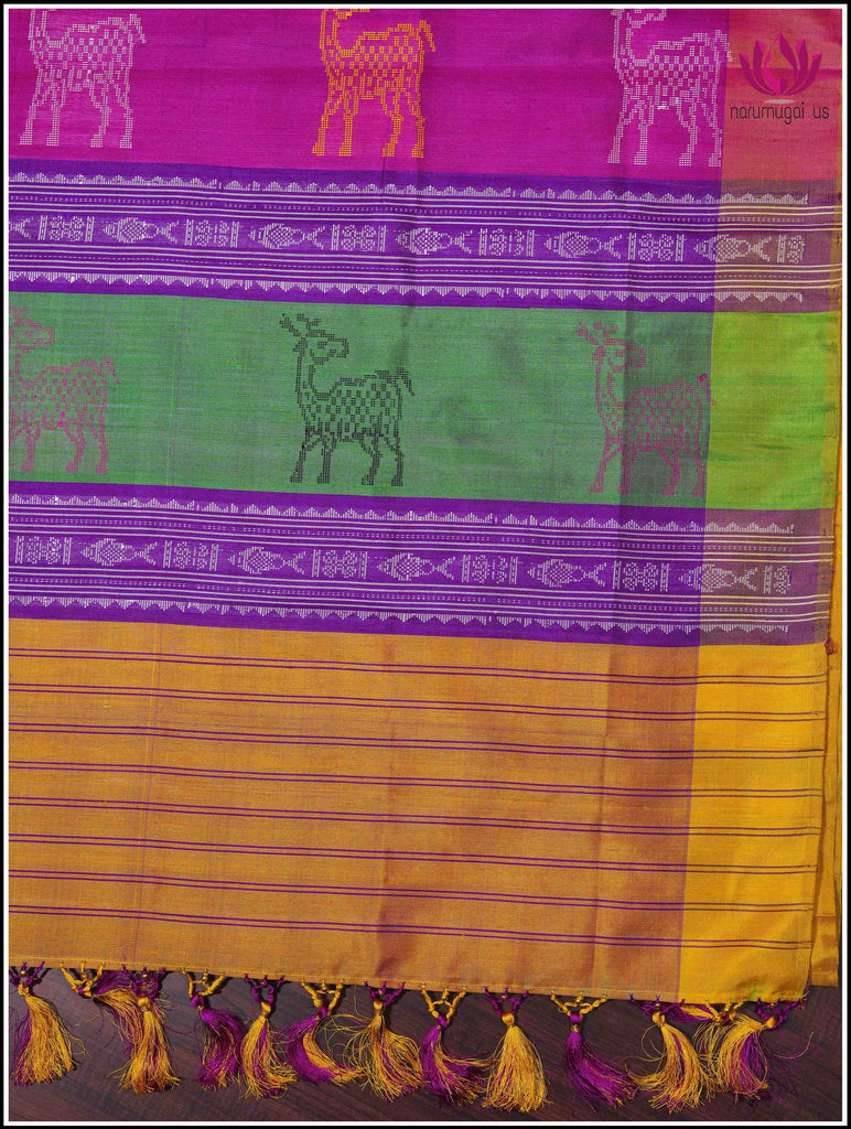 Berhampuri Double Pallu Saree in Purple and Yellow with Fish Motifs on body 8