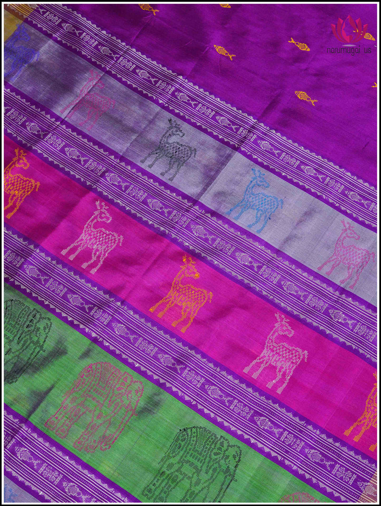 Berhampuri Double Pallu Saree in Purple and Yellow with Fish Motifs on body 5