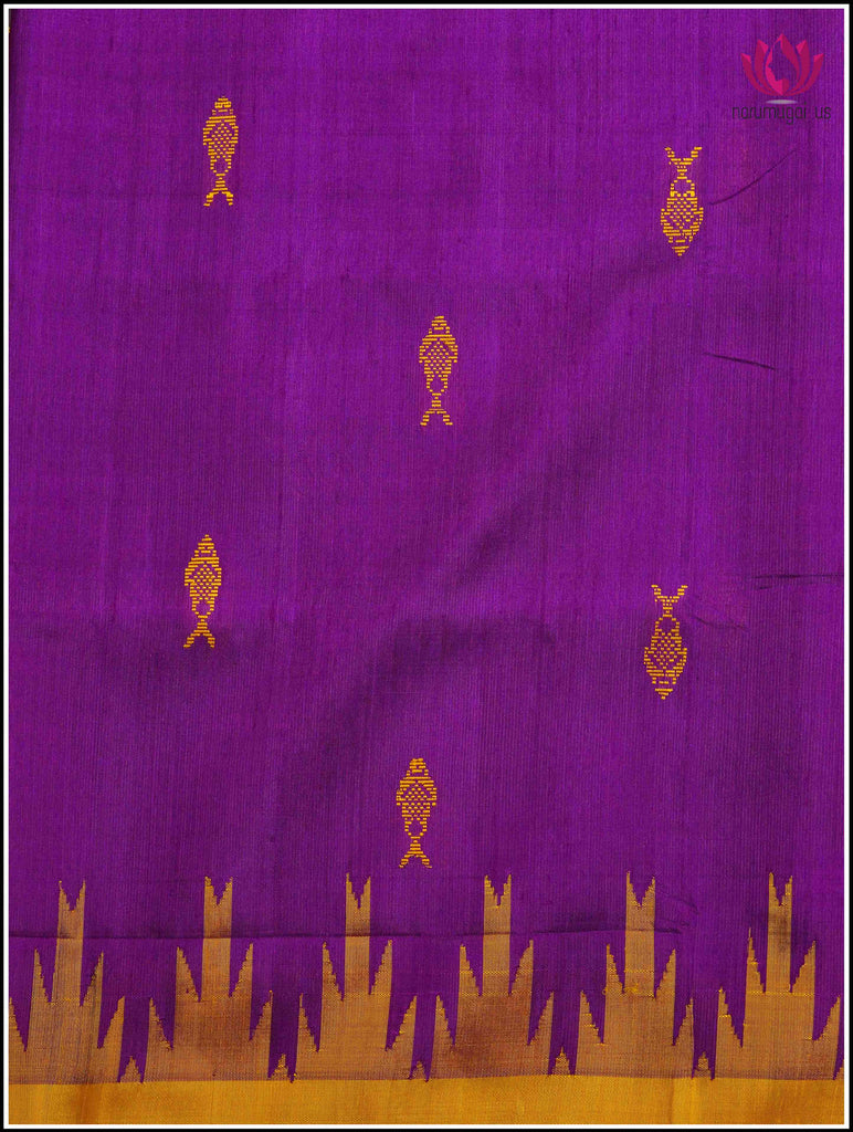 Berhampuri Double Pallu Saree in Purple and Yellow with Fish Motifs on body 3