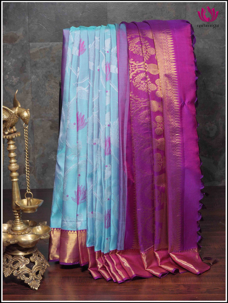 Kanjivaram Silk Saree in Sky Blue with Purple border 11