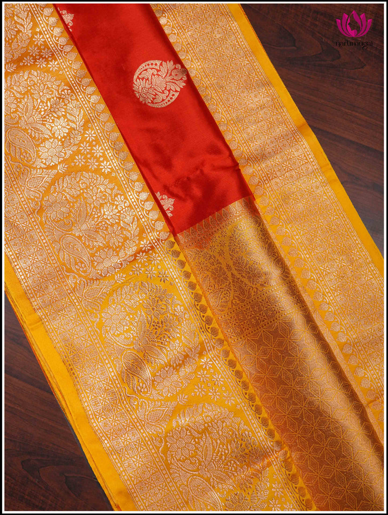 Banarasi Katan Silk Saree in Red and Yellow 10