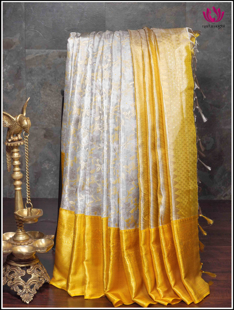 Kanjivaram Silk Saree in Gray and Yellow 12