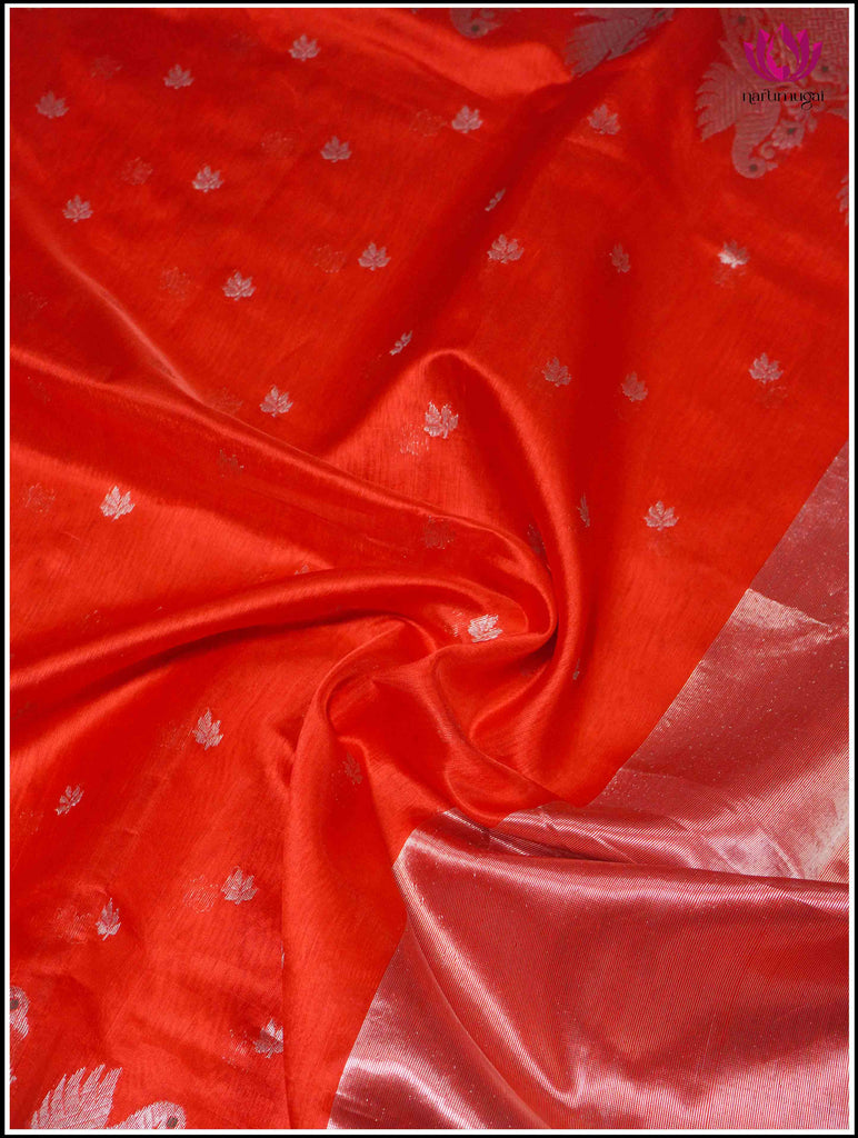 Chanderi Silk Saree in Red with Silver Zari 4