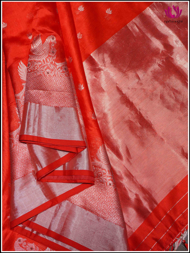 Chanderi Silk Saree in Red with Silver Zari 3