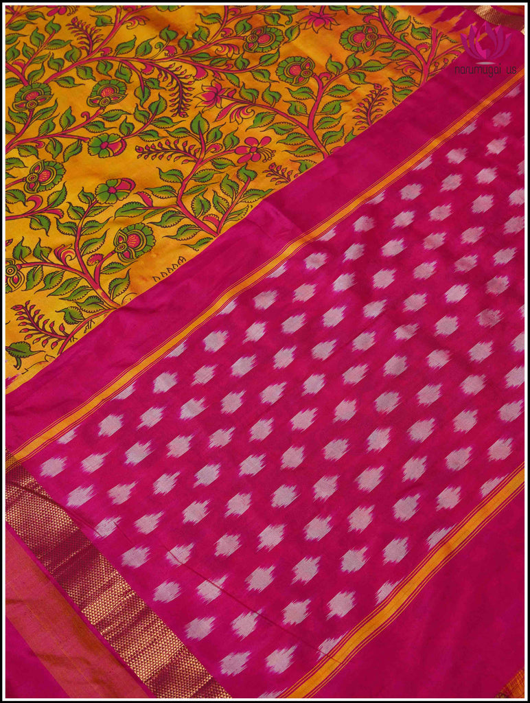 Ikkat soft silk saree in bright Yellow with Pink border and Floral digital print 8