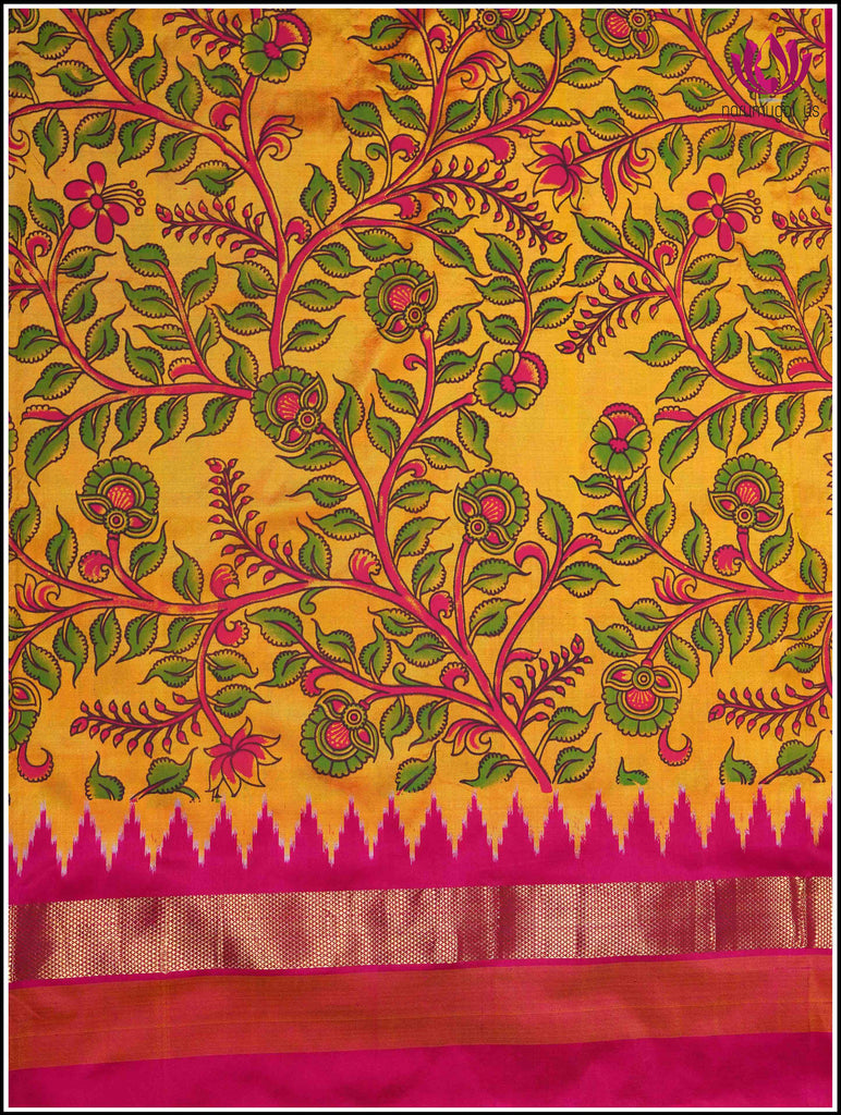 Ikkat soft silk saree in bright Yellow with Pink border and Floral digital print 6