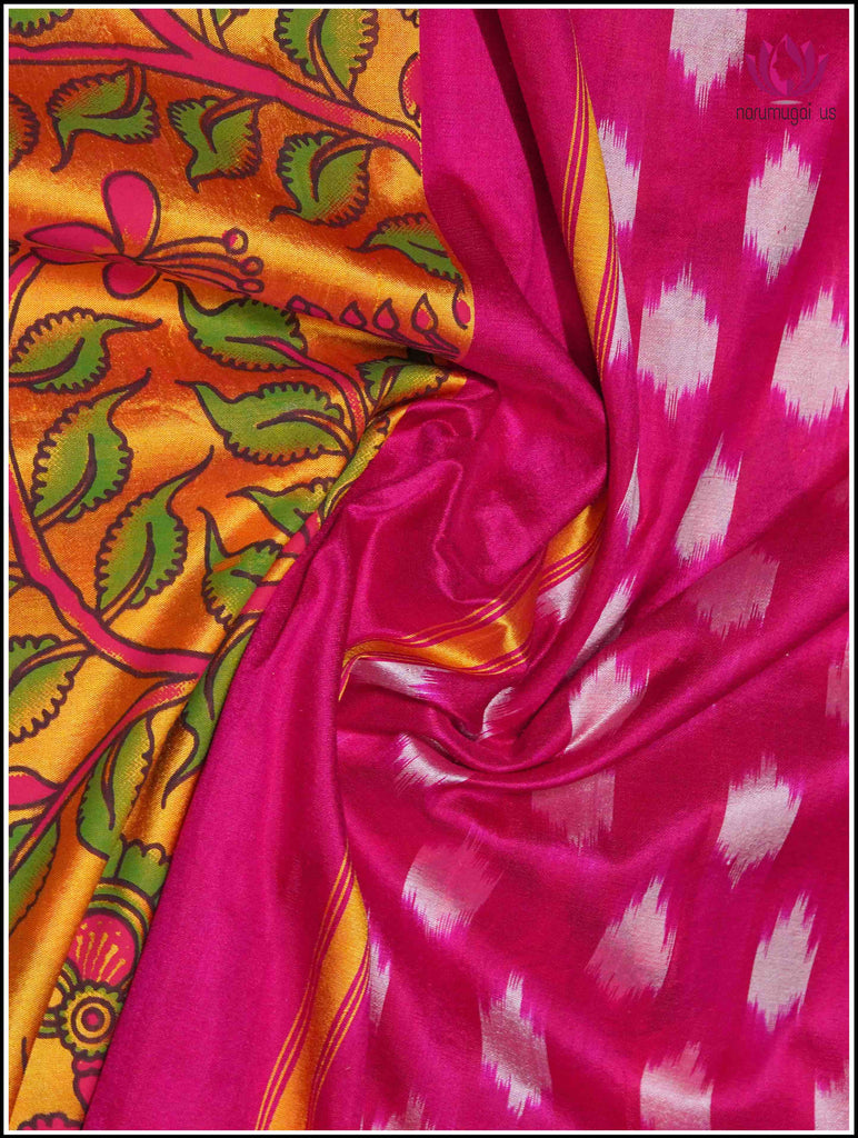 Ikkat soft silk saree in bright Yellow with Pink border and Floral digital print 5