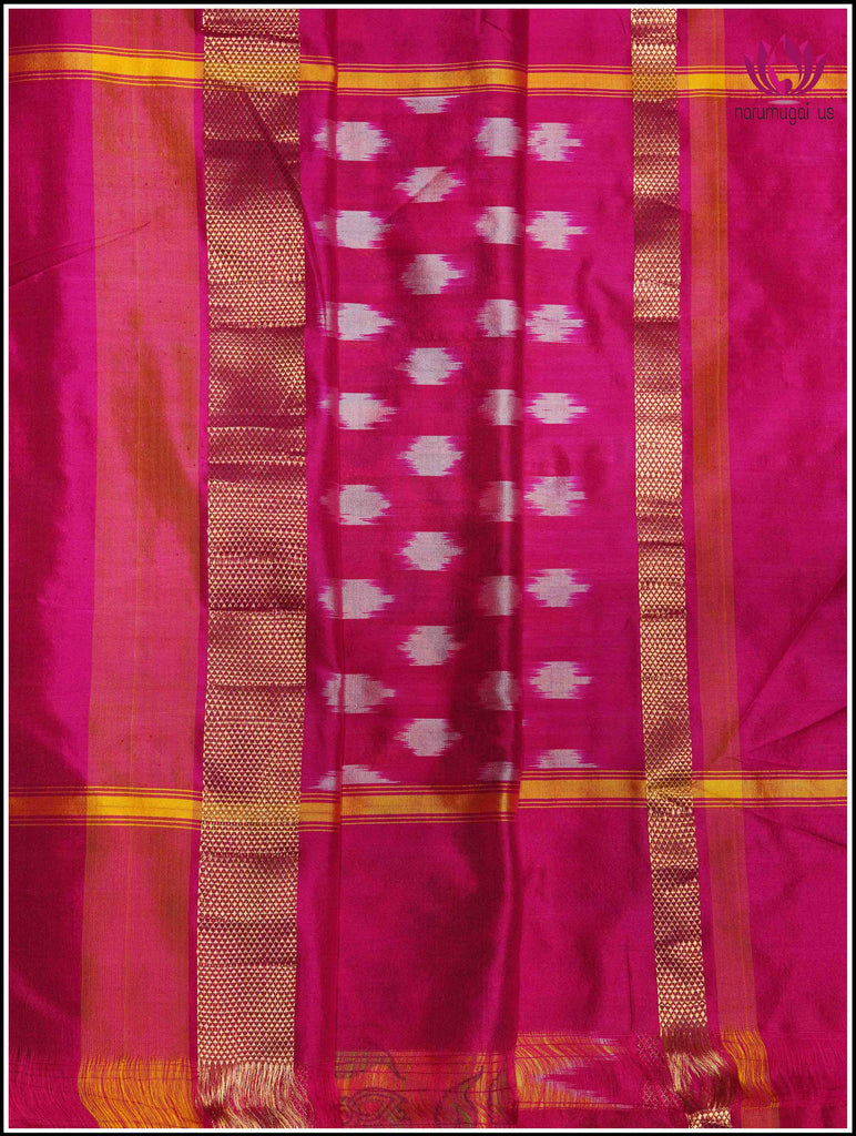 Ikkat soft silk saree in bright Yellow with Pink border and Floral digital print 3