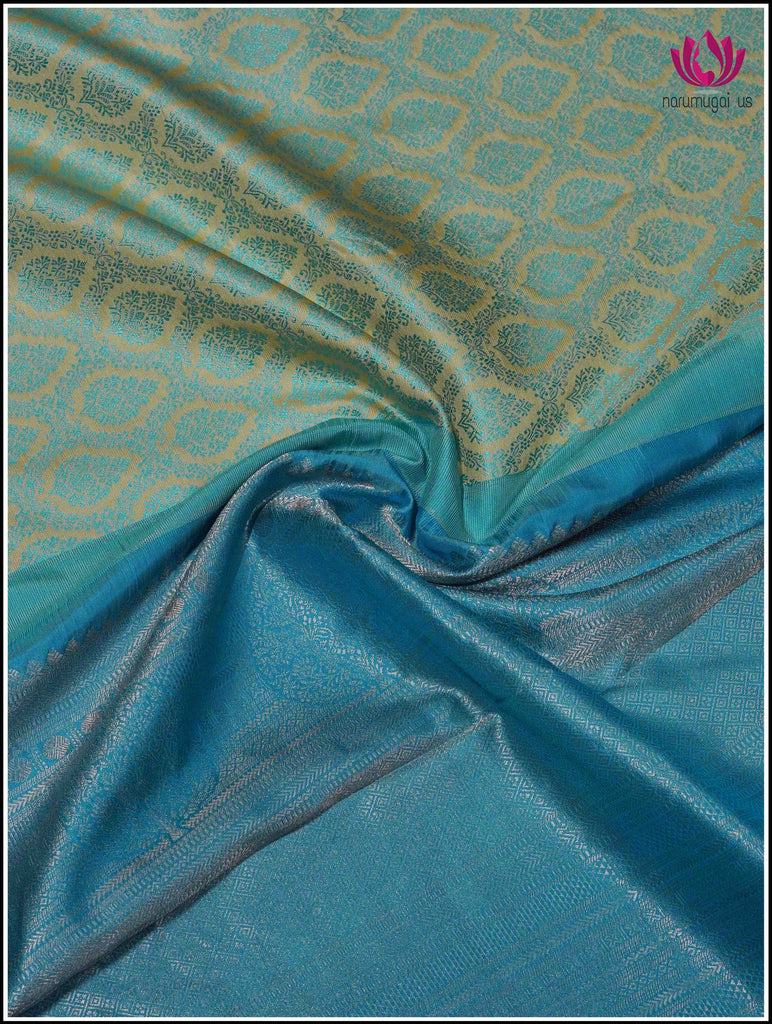 Kanchipuram Silk Saree in Greenish Yellow with brocade design in blue threads & Blue border and pallu in Silver Zari 6