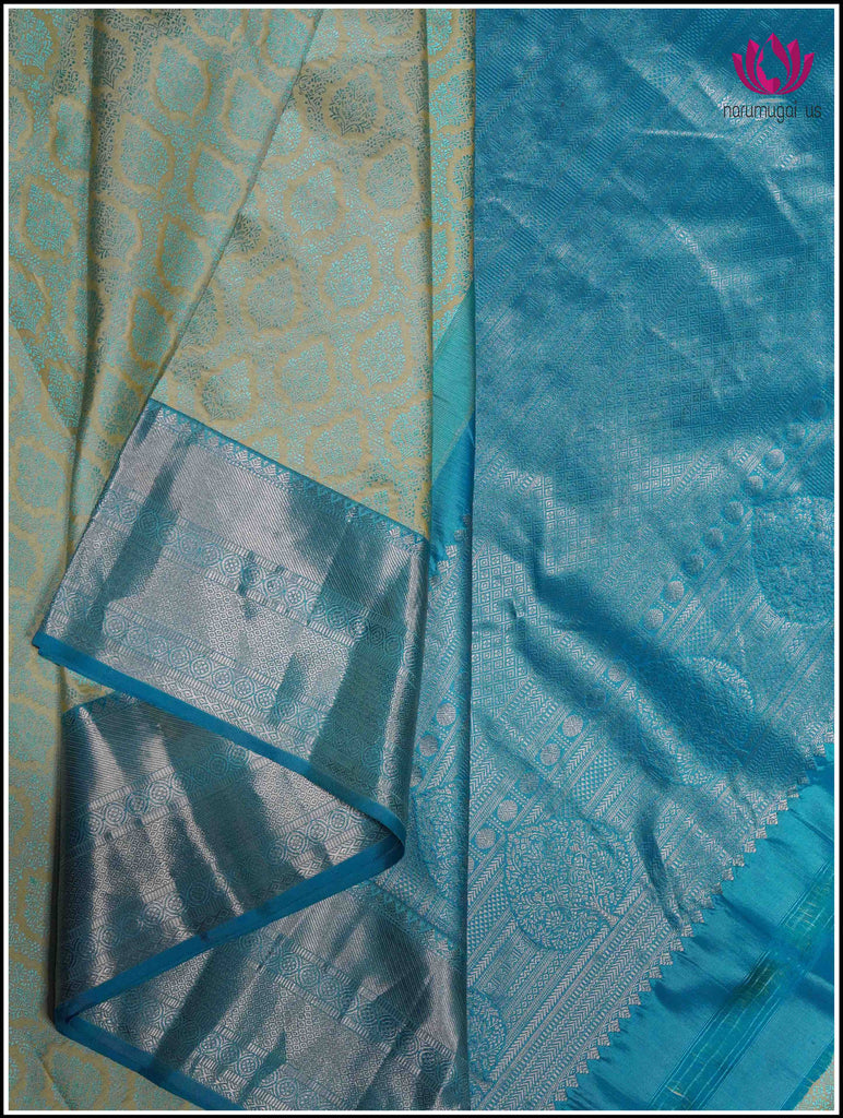 Kanchipuram Silk Saree in Greenish Yellow with brocade design in blue threads & Blue border and pallu in Silver Zari 5