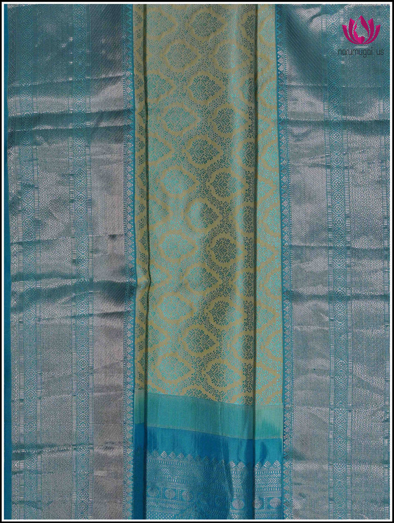 Kanchipuram Silk Saree in Greenish Yellow with brocade design in blue threads & Blue border and pallu in Silver Zari 4