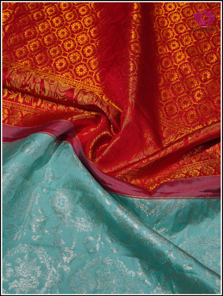 Kanchipuram Silk Saree in Light Green with Red Border with Silver and Gold Zari 7