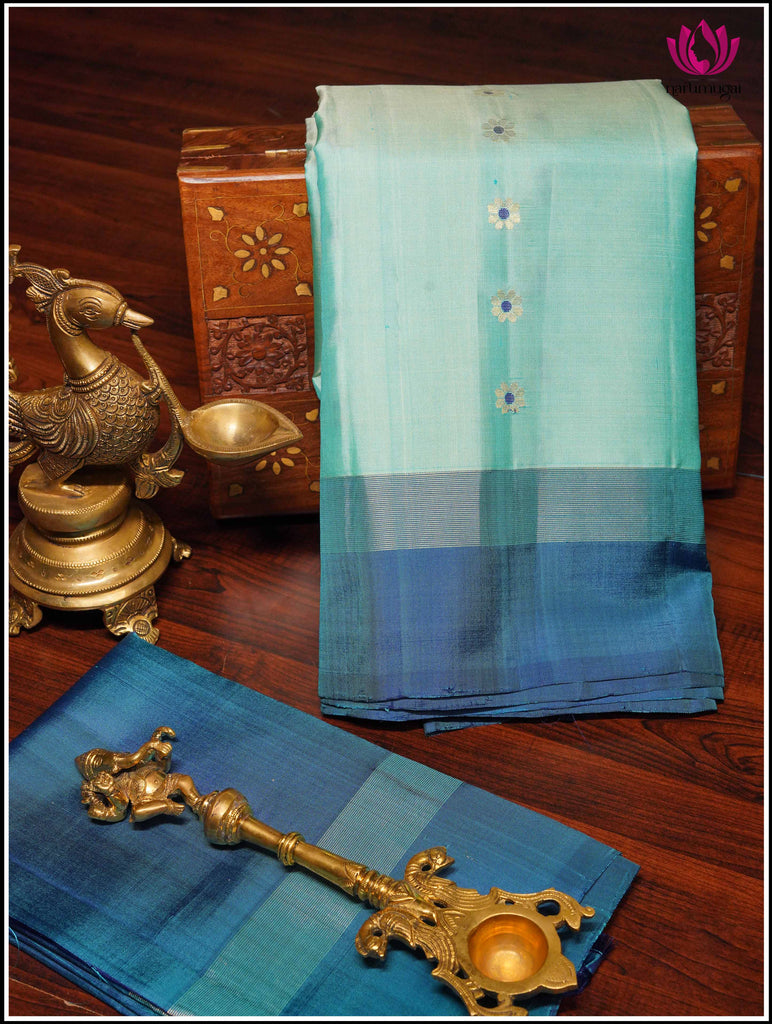 Kanchipuram Silk Saree in Teal Blue with Peacock Blue 12