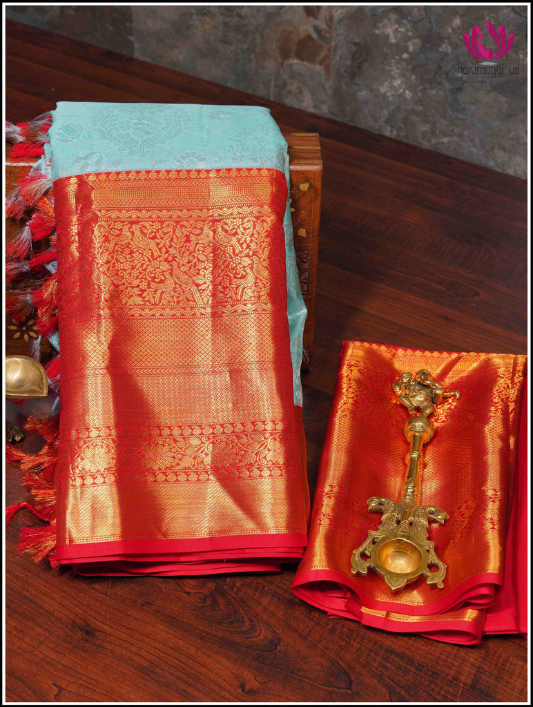 Kanchipuram Silk Saree in Light Green with Red Border with Silver and Gold Zari 2