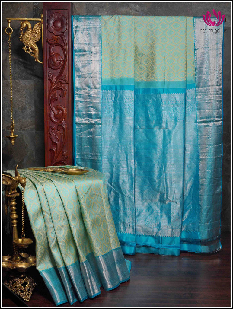 Kanchipuram Silk Saree in Greenish Yellow with brocade design in blue threads & Blue border and pallu in Silver Zari 1