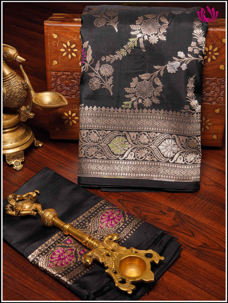 Banarasi Katan Silk in Black with Floral jaal and Meenakari weaving 14