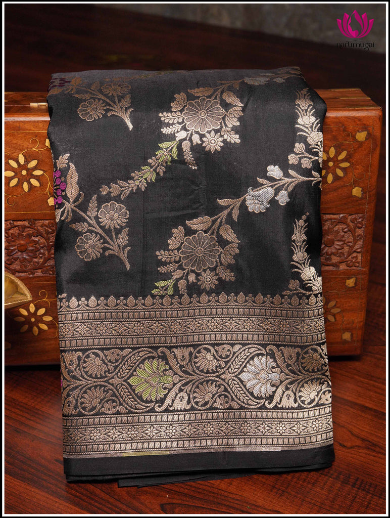 Banarasi Katan Silk in Black with Floral jaal and Meenakari weaving 13