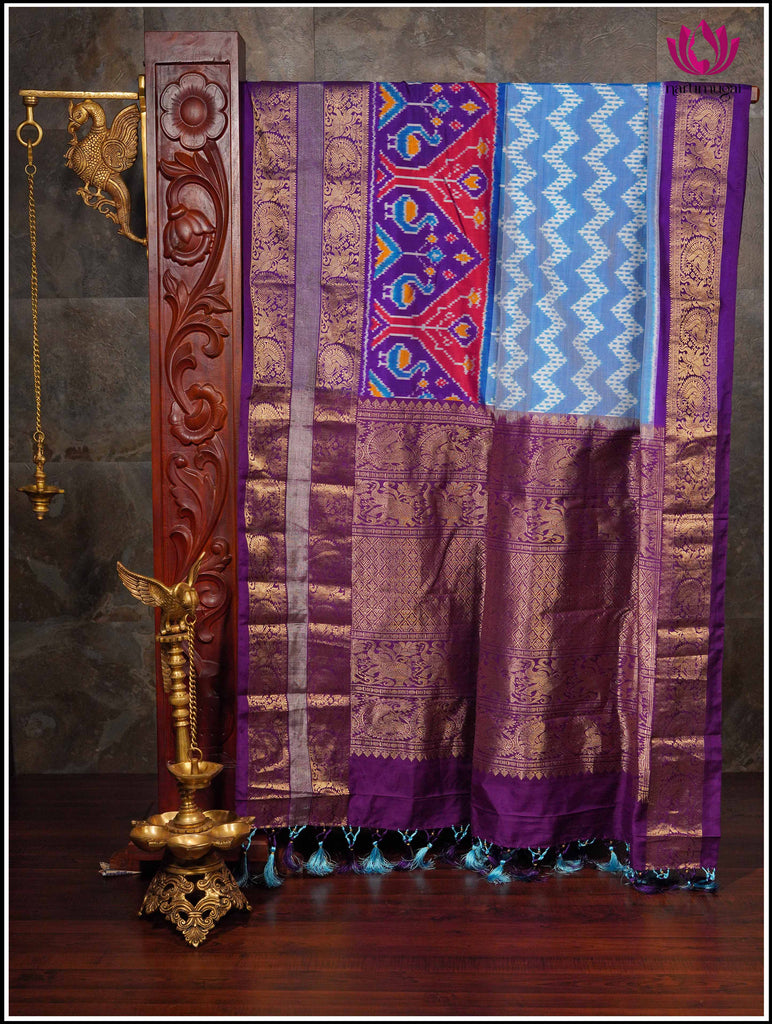 Ikkat Kanchipuram Silk Saree in Light Blue and Purple 1