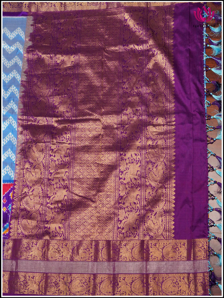 Ikkat Kanchipuram Silk Saree in Light Blue and Purple 3