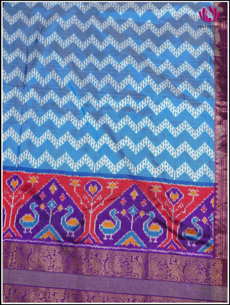 Ikkat Kanchipuram Silk Saree in Light Blue and Purple 5