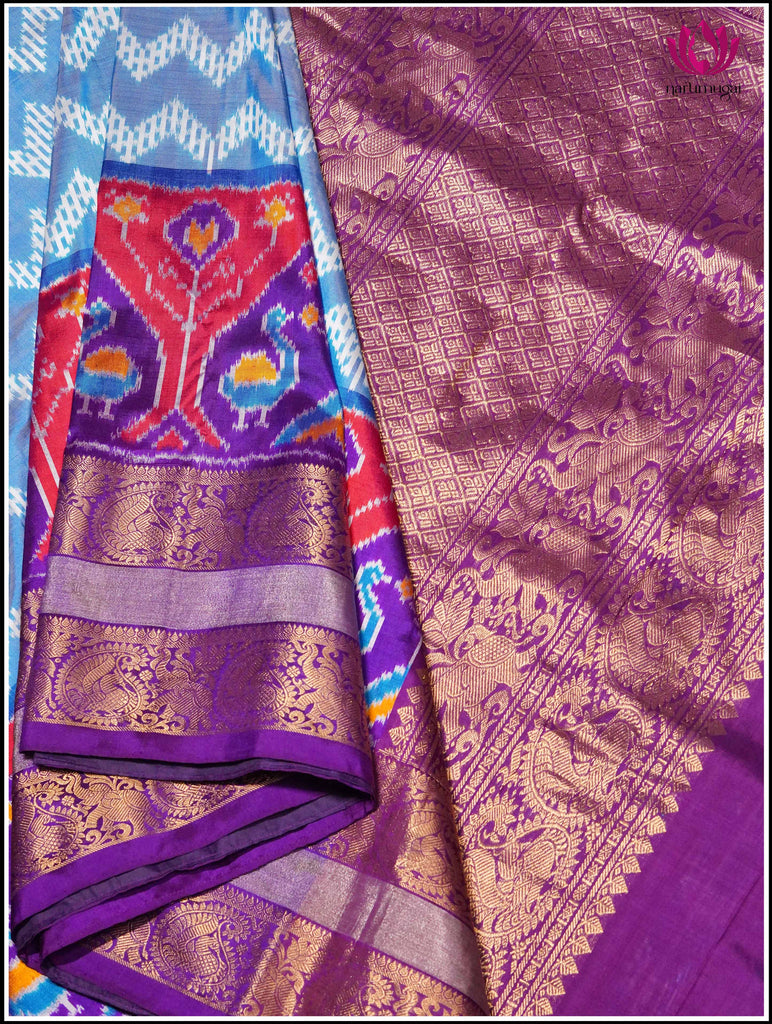 Ikkat Kanchipuram Silk Saree in Light Blue and Purple 7