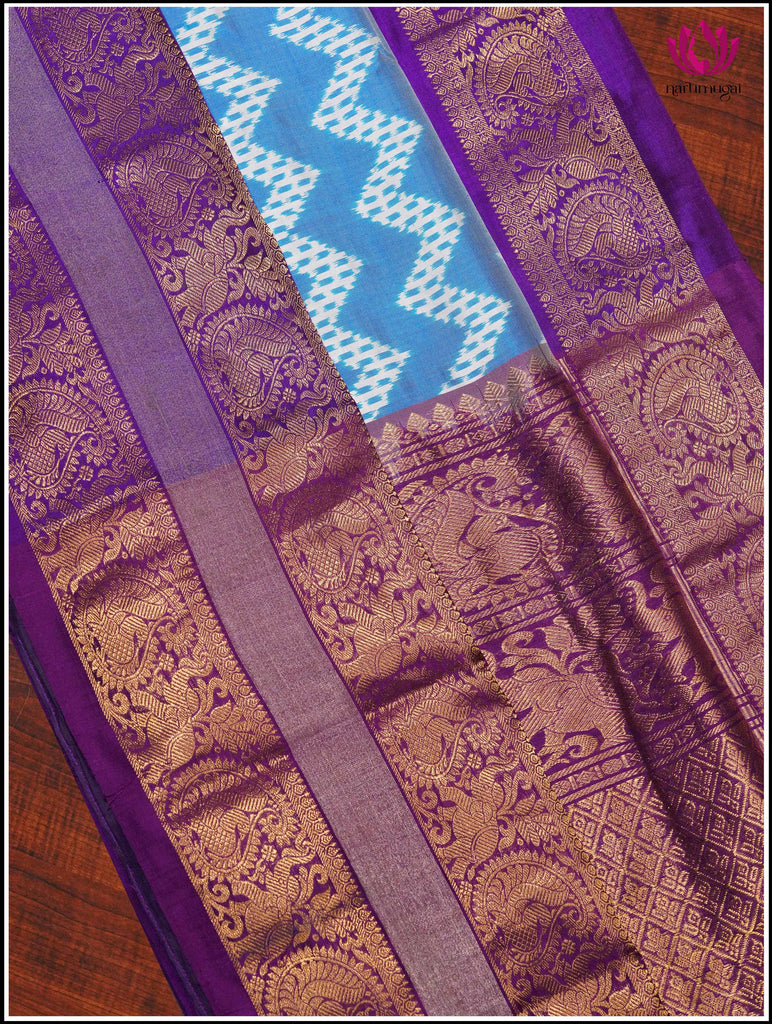 Ikkat Kanchipuram Silk Saree in Light Blue and Purple 9