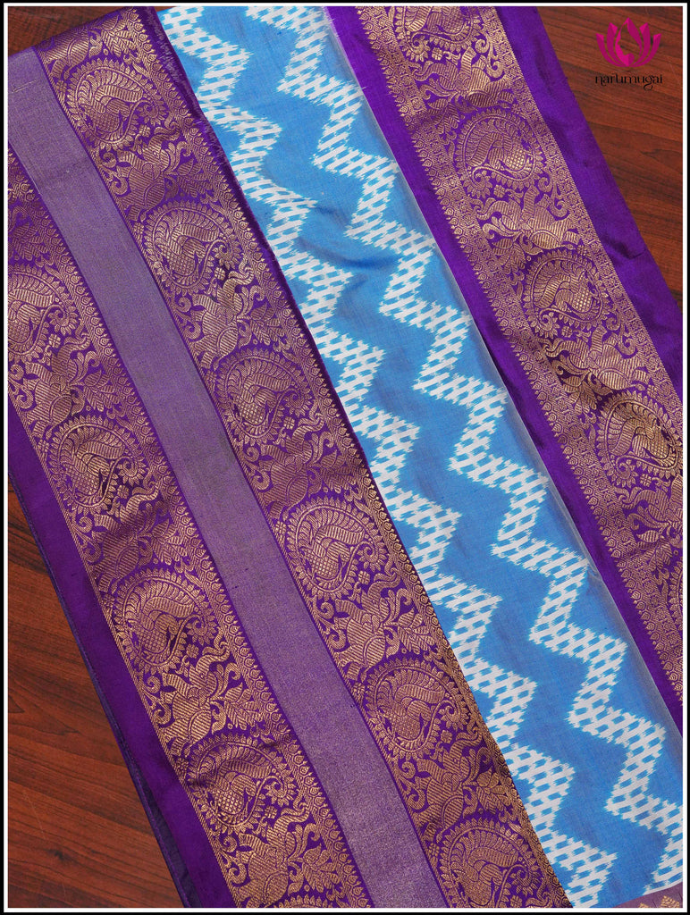 Ikkat Kanchipuram Silk Saree in Light Blue and Purple 10