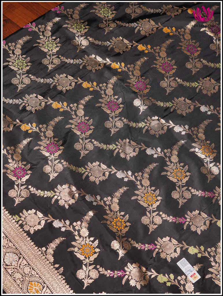 Banarasi Katan Silk in Black with Floral jaal and Meenakari weaving 9