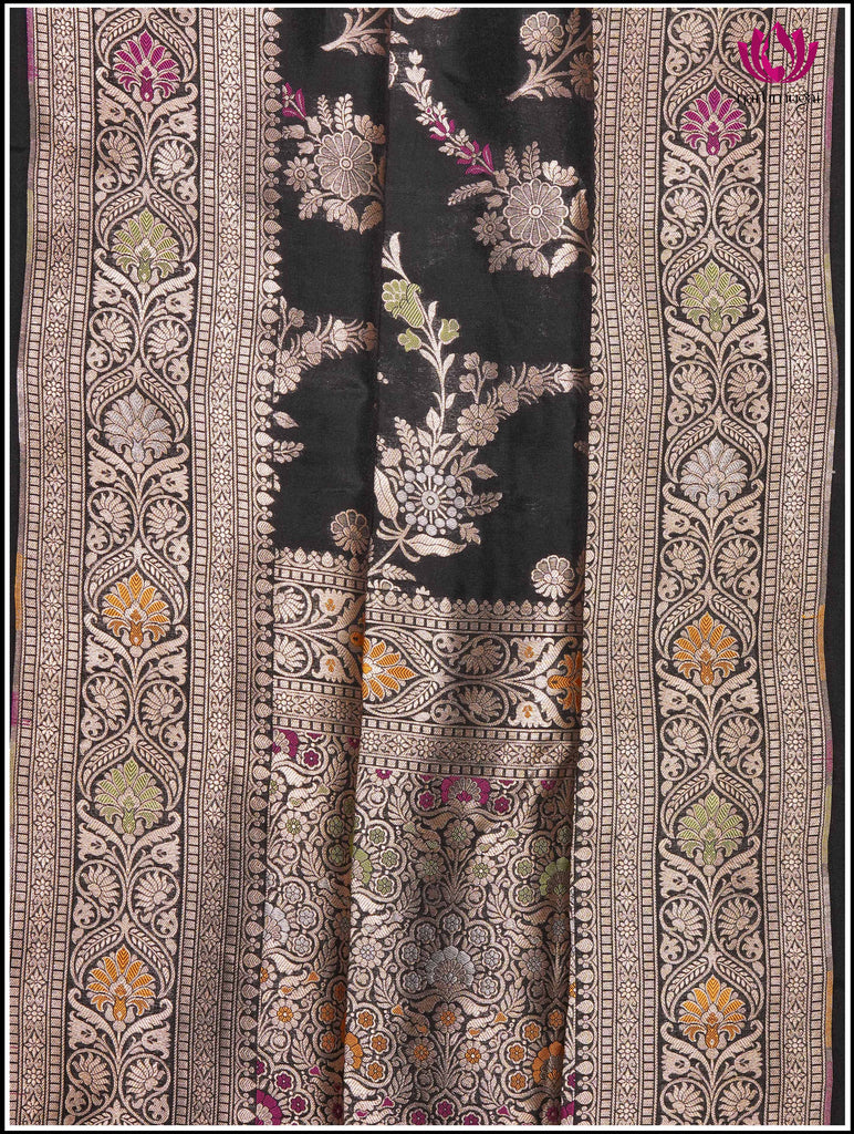 Banarasi Katan Silk in Black with Floral jaal and Meenakari weaving 1