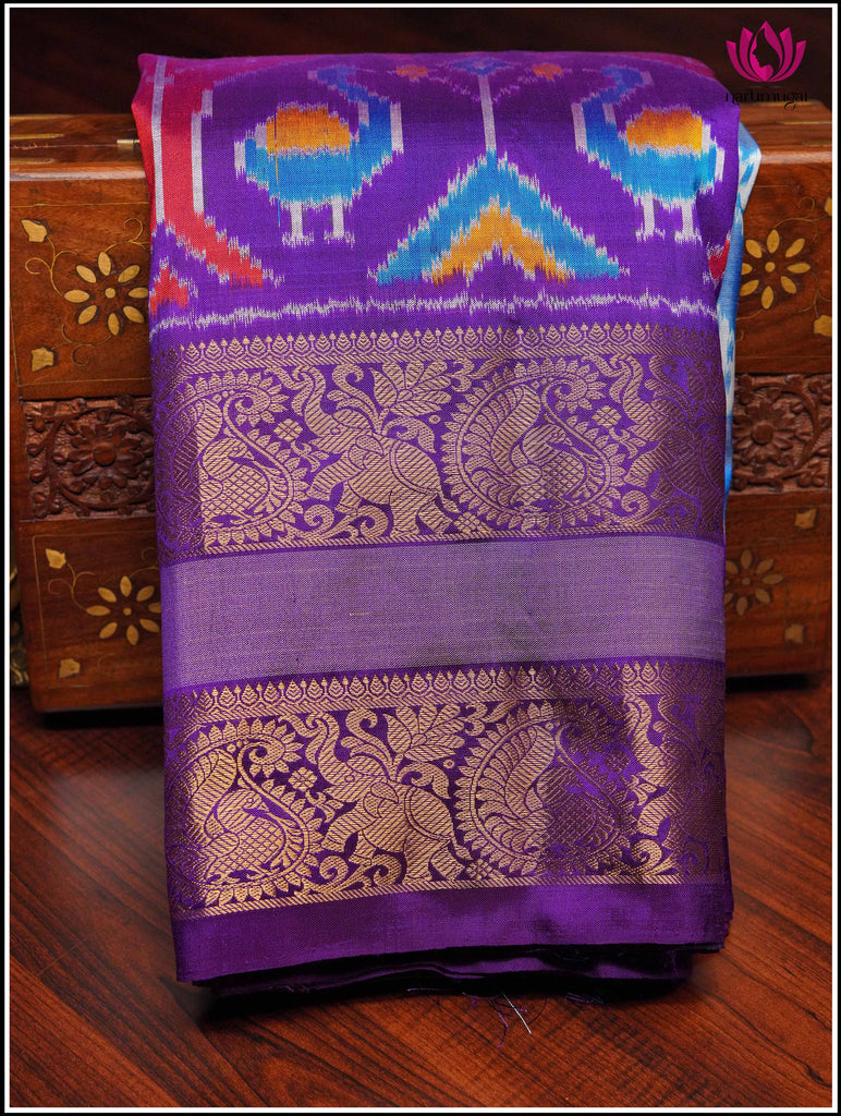 Ikkat Kanchipuram Silk Saree in Light Blue and Purple 12