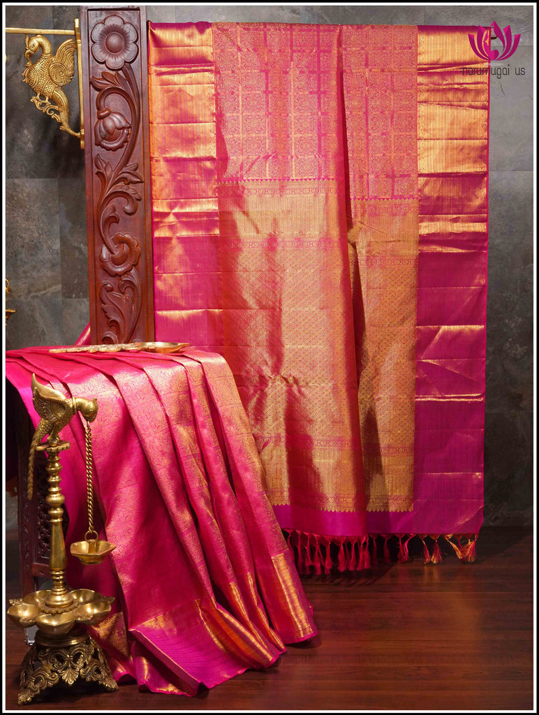 Kanchipuram Silk Saree in Hot Pink with Gold Zari 1