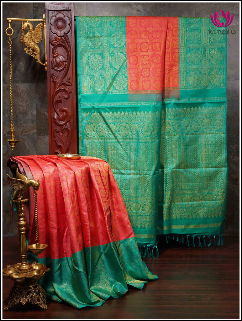 Kanchipuram Silk Saree in Red and Teal Blue 1