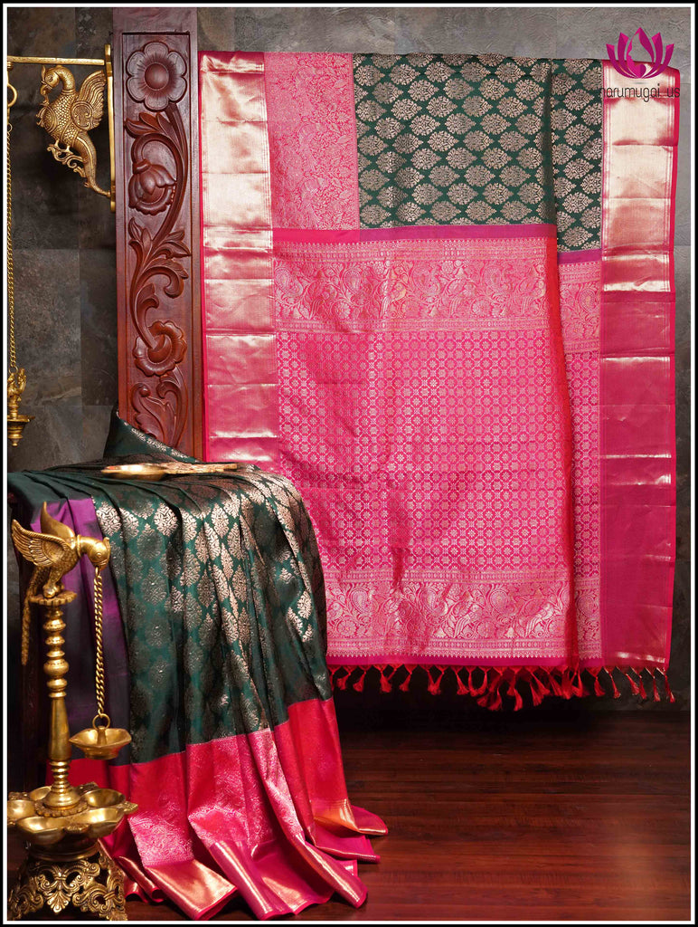 Kanchipuram Silk Saree in Green and Pinkish-red with brocade 1