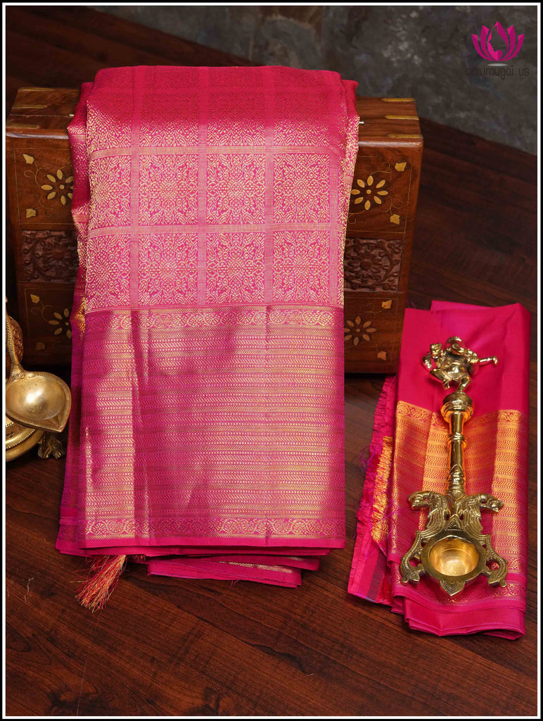 Kanchipuram Silk Saree in Hot Pink with Gold Zari 3