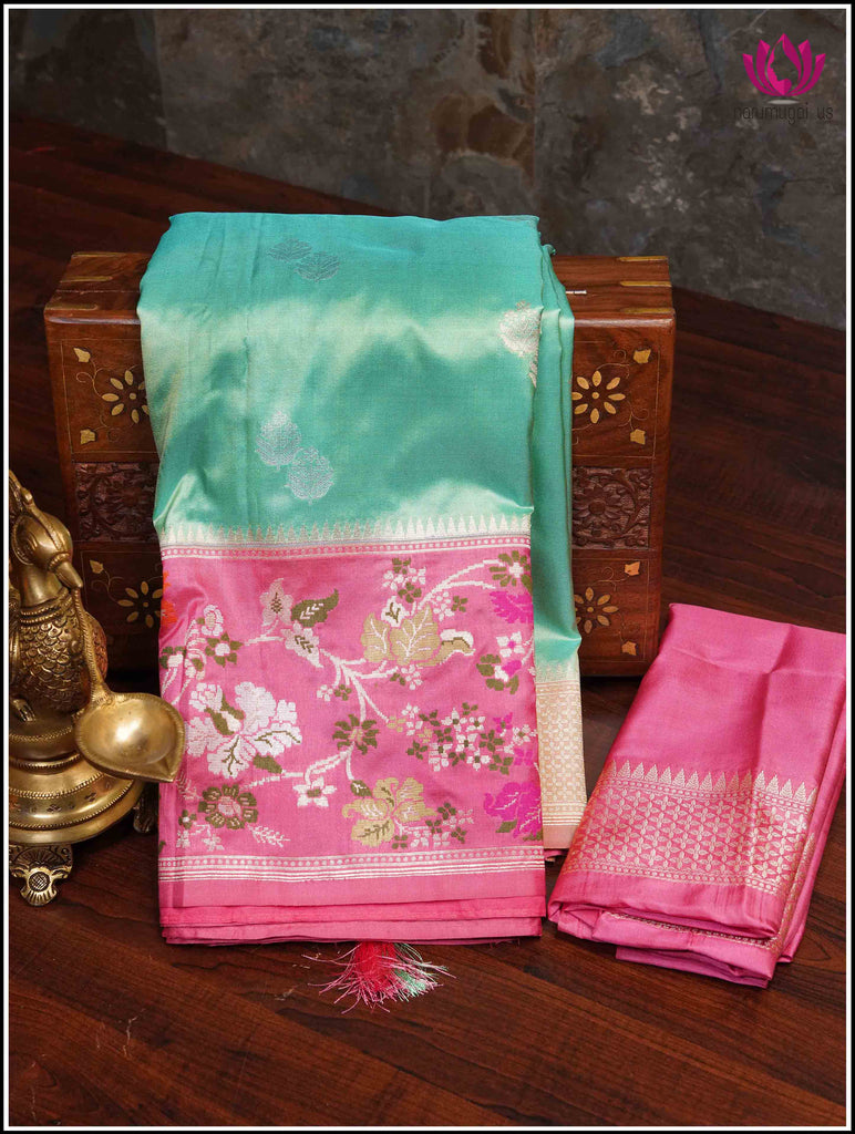 Banarasi Kora silk saree in light Green with Kadwa handwoven motifs and Pink resham Meenakari Kadiyal border - Silk Mark Certified