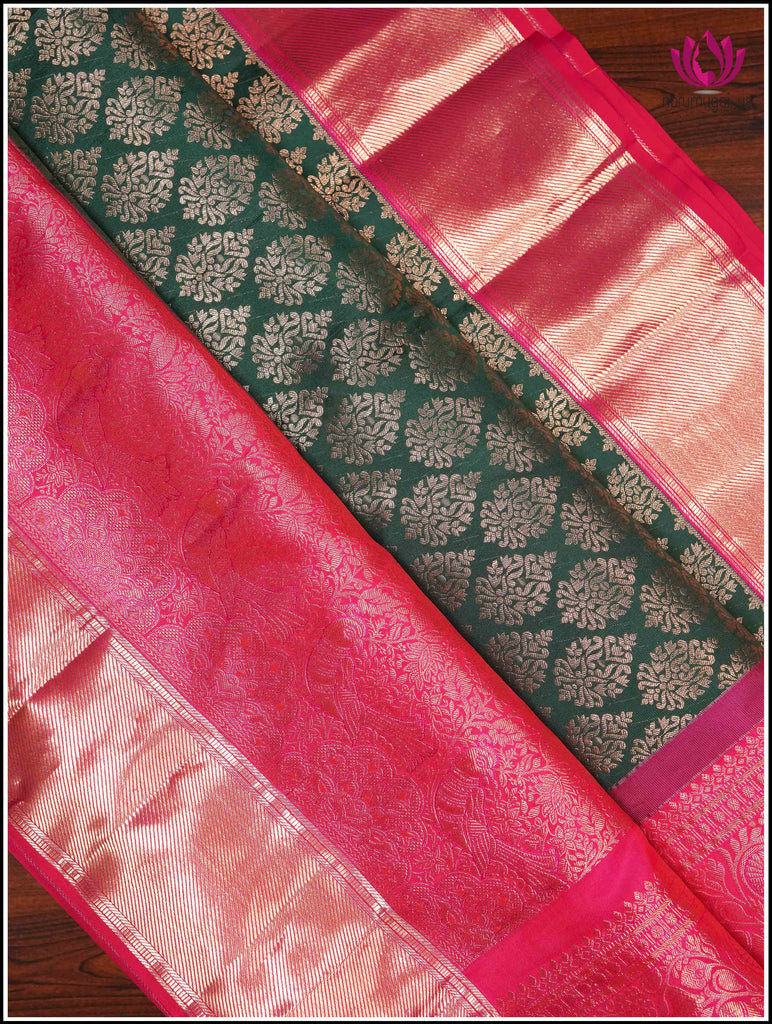 Kanchipuram Silk Saree in Green and Pinkish-red with brocade 12