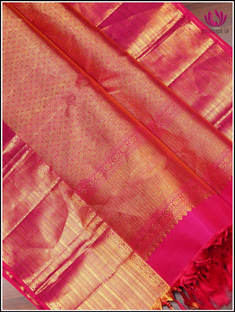 Kanchipuram Silk Saree in Hot Pink with Gold Zari 12