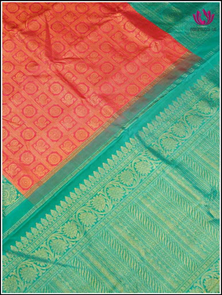 Kanchipuram Silk Saree in Red and Teal Blue 2