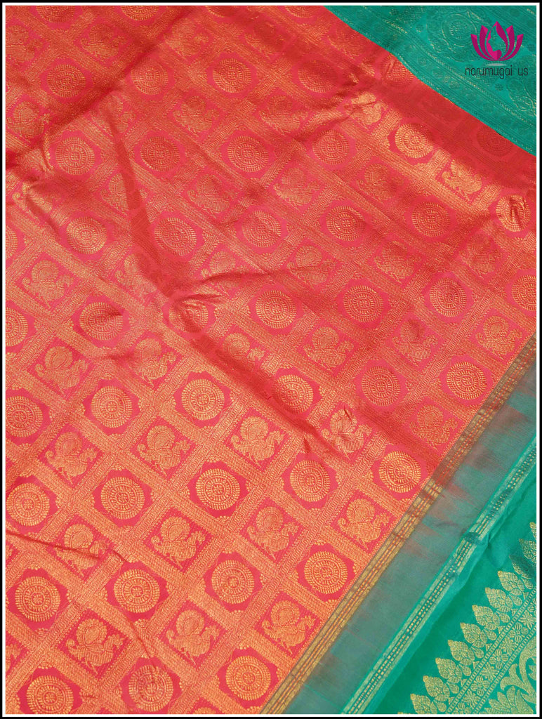 Kanchipuram Silk Saree in Red and Teal Blue 3
